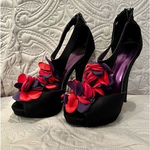 Call It Spring Black Velvet with Purple/Red Flower Petals High Heel Shoes.